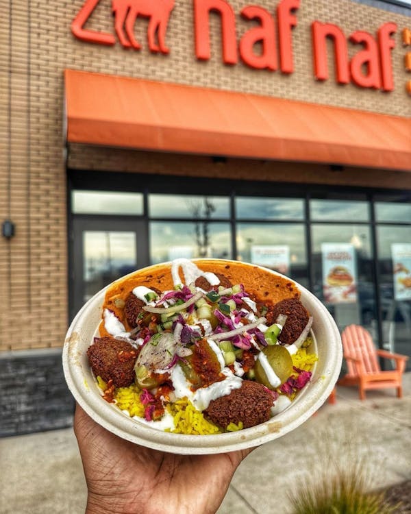 A bowl of falafel from Naf Naf Middle Eastern Grill.